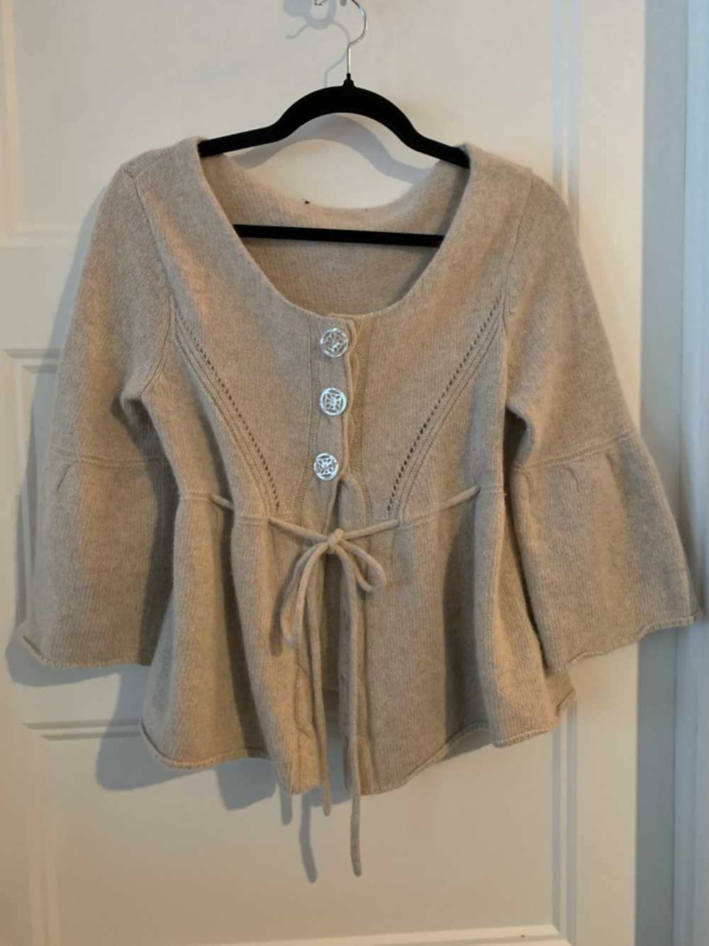 100 % Soft Wool women's dainty sand color Knit Tie-Waist Cardigan